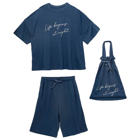 7/9新作!巾着付き五分袖ロゴトップス&ハーフパンツルームウェア(ネイビー-ML)