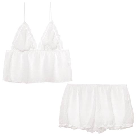 7/16新作!フリルドットシフォンレースキャミソール＆タップパンツルームウェア(ホワイト-S)