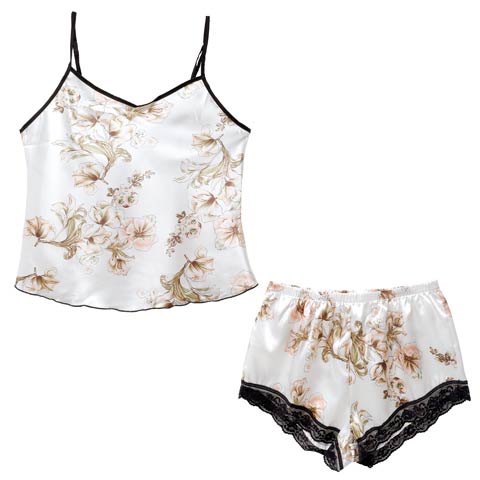 10/23再販!ボタニカルサテンキャミソール&ショートパンツルームウェア(オフホワイト-S)