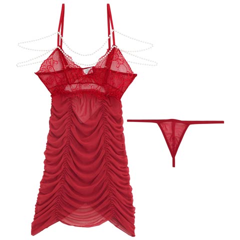 8/18新作!パールビジューギャザーレーシィベビードール(レッド-フリー)