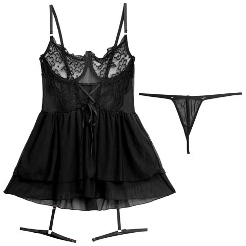 8/15新作!シースルーレースアップガーターベビードール(ブラック-フリー)