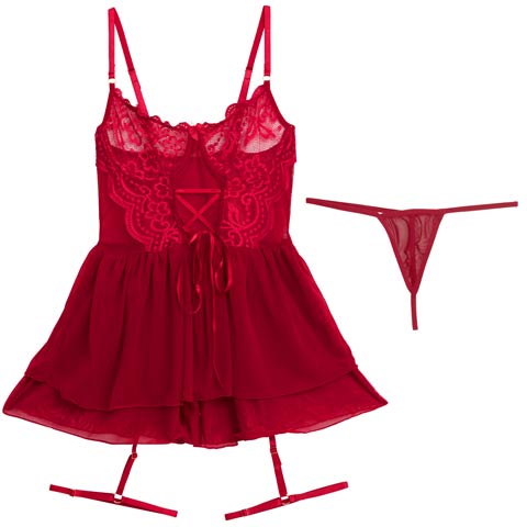 8/15新作!シースルーレースアップガーターベビードール(レッド-フリー)