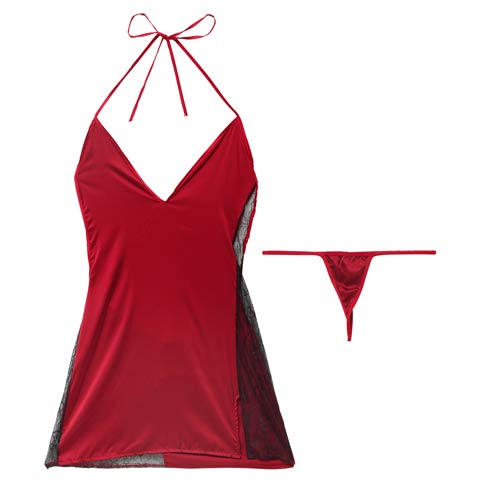 9/8新作!ホルターネックスリットレースベビードール(レッド-フリー)