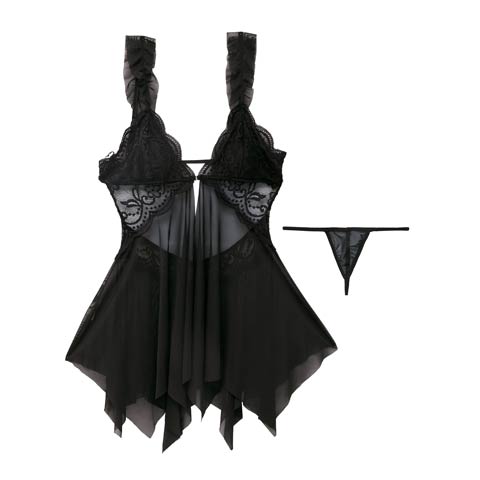 10/6新作!スカラップシアーフリルベビードール(ブラック-フリー)