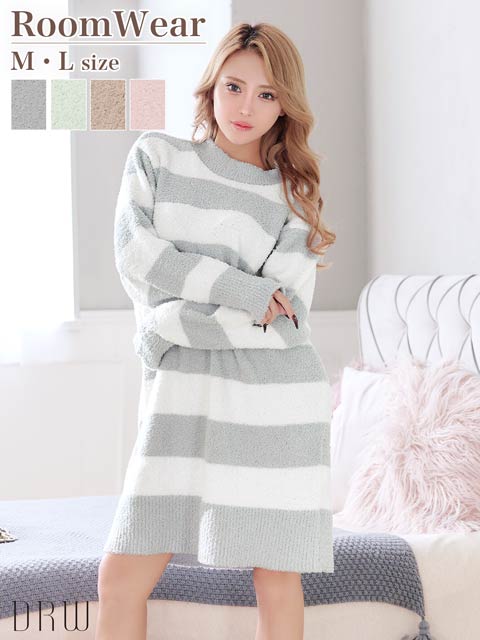 11/21新作!ふわふわダスティーボーダー長袖ワンピースルームウェア