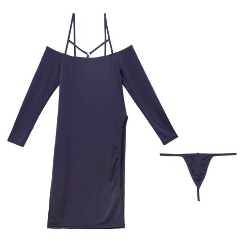 10/10新作!オフショルコードスリットワンピースルームウェア(ネイビー-フリー)