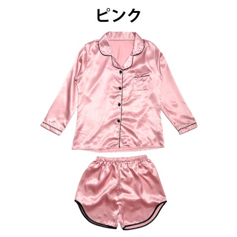 艶サテン長袖&ショートパンツルームウェア＜上下セット＞(ピンク-Mサイズ)