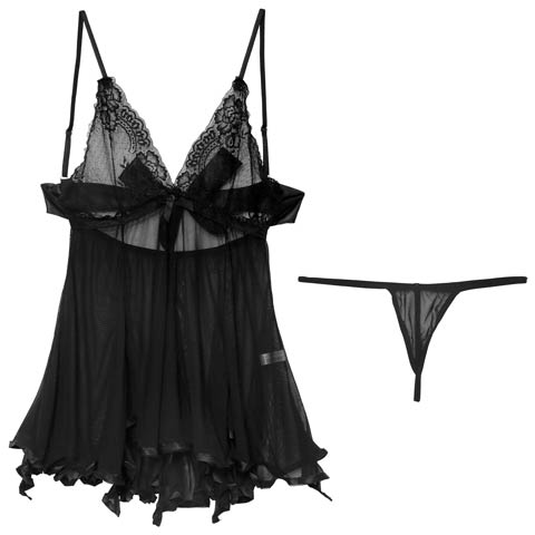 クイーンレースバックリボンベビードール(ブラック-フリー)