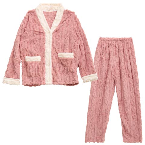 12/4再販!バイカラーケーブルボアトップス&ロングパンツルームウェア(ピンク-M)