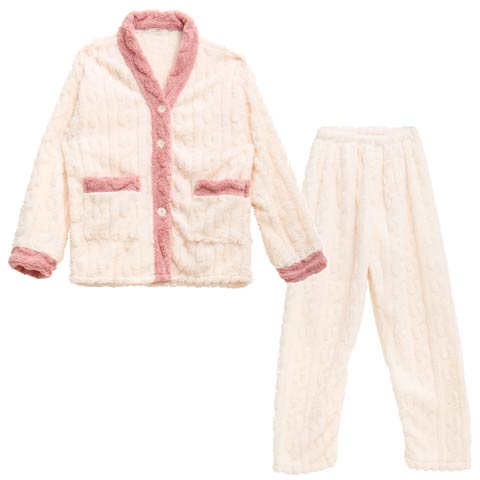 12/4再販!バイカラーケーブルボアトップス&ロングパンツルームウェア(アイボリー-M)