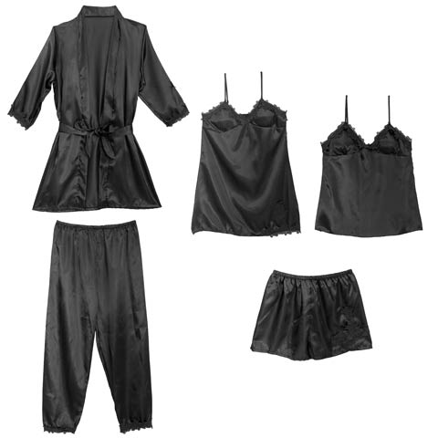 12/2再販!【5点セット】ケミカルローズサテンルームウェア(ブラック-S)