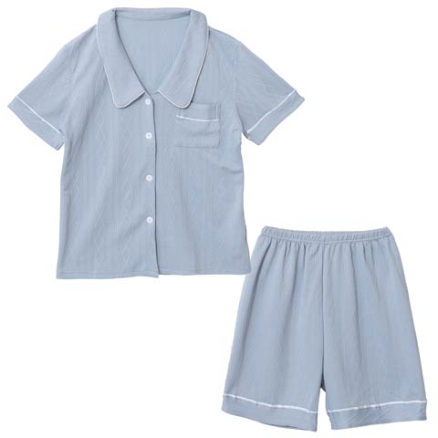 ケーブルパイピング半袖トップス&ショートパンツルームウェア(ブルー-M)