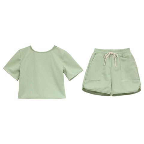 カジュアルバックコードトップス&ショートパンツルームウェア(グリーン-フリー)