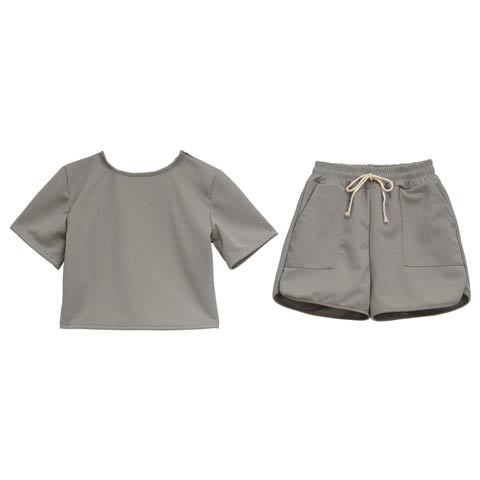 カジュアルバックコードトップス&ショートパンツルームウェア(グレー-フリー)