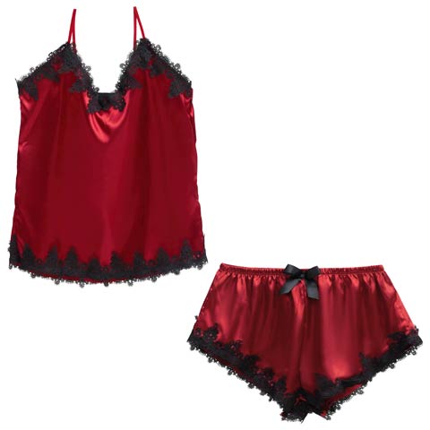 9/6再販!アリュールサテンレースキャミソール&タップパンツルームウェア(ワインレッド-M)