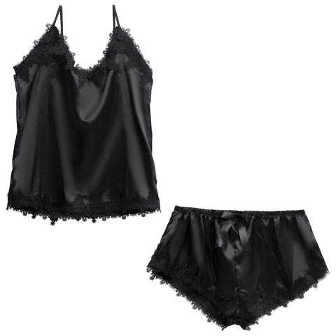 9/6再販!アリュールサテンレースキャミソール&タップパンツルームウェア(ブラック-M)