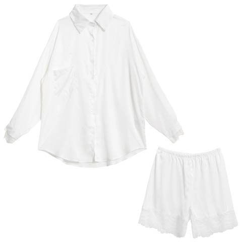 シルキーレースシャツ&ショートパンツルームウェア(ホワイト-M)