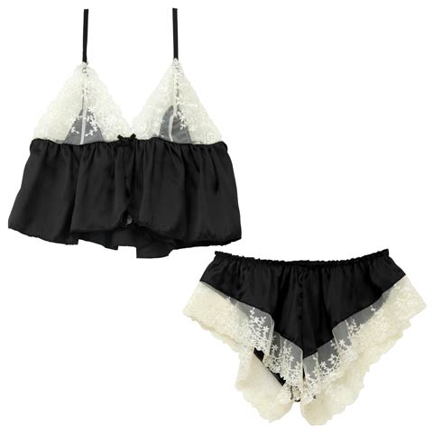 ガーリーシアーフリルレースキャミソール＆タップパンツルームウェア(ブラック-フリー)