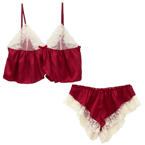 ガーリーシアーフリルレースキャミソール＆タップパンツルームウェア(レッド-フリー)