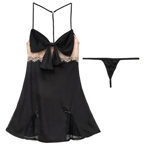 リボンシアーレースストリングベビードール(ブラック-フリー)