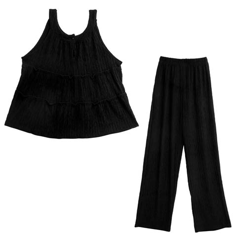 ティアードシャーリングキャミソール＆ロングパンツルームウェア(ブラック-M)