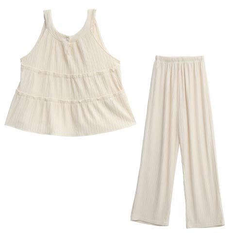 ティアードシャーリングキャミソール＆ロングパンツルームウェア(アイボリー-M)