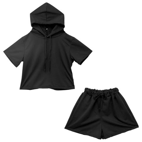 フード付き半袖スウェット&ハーフパンツルームウェア(ブラック-フリー)