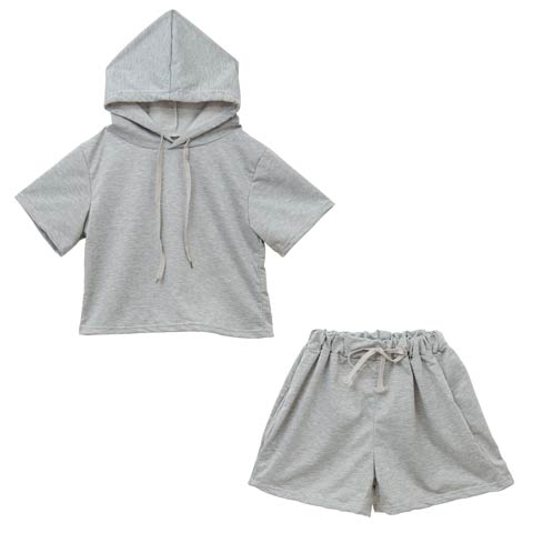 フード付き半袖スウェット&ハーフパンツルームウェア(グレー-フリー)