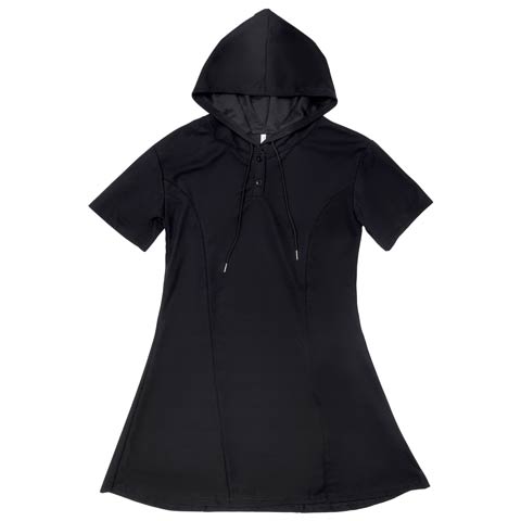 フロントボタン半袖パーカーワンピース(ブラック-M)