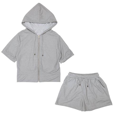 クロップド丈半袖ジップパーカー&ショートパンツ(グレー-フリー)