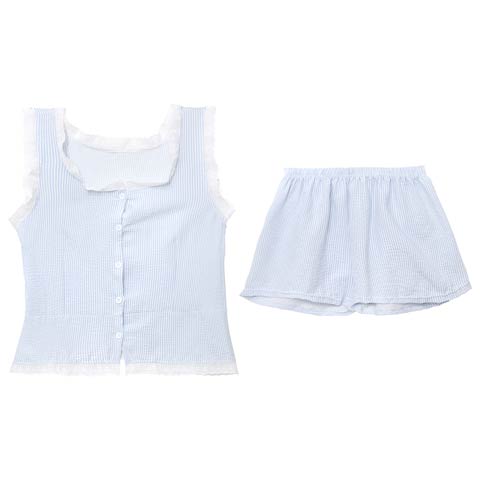 7/16新作!ストライプレーストップス&ショートパンツルームウェア(ブルー-フリー)