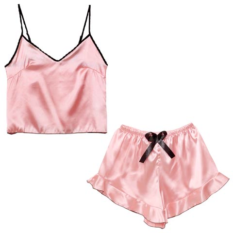 7/14新作!パイピングフリルサテンキャミソール&ショートパンツルームウェア(ピンク-フリー)