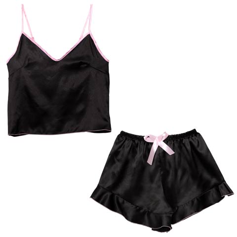 7/14新作!パイピングフリルサテンキャミソール&ショートパンツルームウェア(ブラック-フリー)
