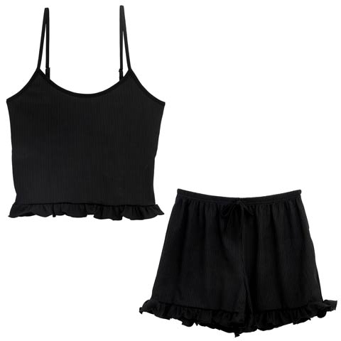 8/11新作!シンプルリブフリルキャミソール&ショートパンツルームウェア(ブラック-フリー)