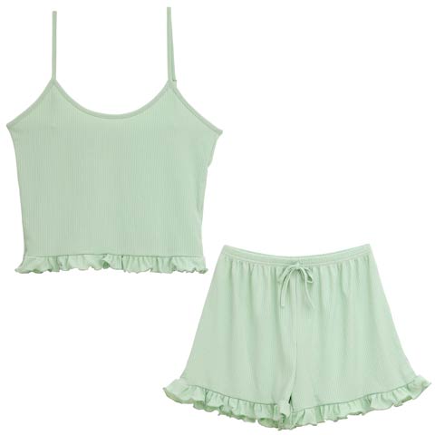8/11新作!シンプルリブフリルキャミソール&ショートパンツルームウェア(グリーン-フリー)