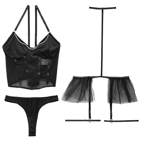 12/4再販!【4点セット】ダークレースアップビジューベビードール(ブラック-フリー)