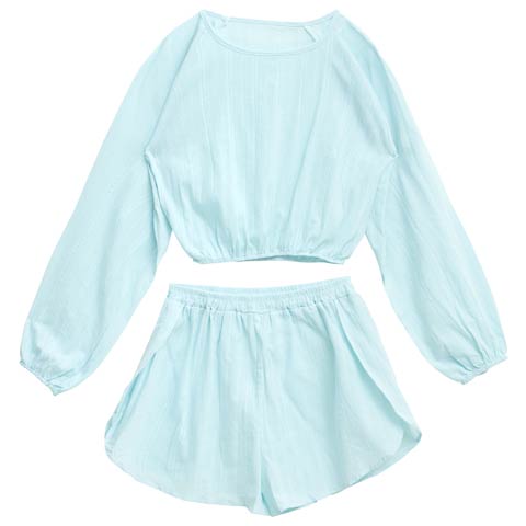 9/19新作!パステルケーブルストライプクロップド丈スウェットトップス&ショートパンツルームウェア(サックス-フリー)