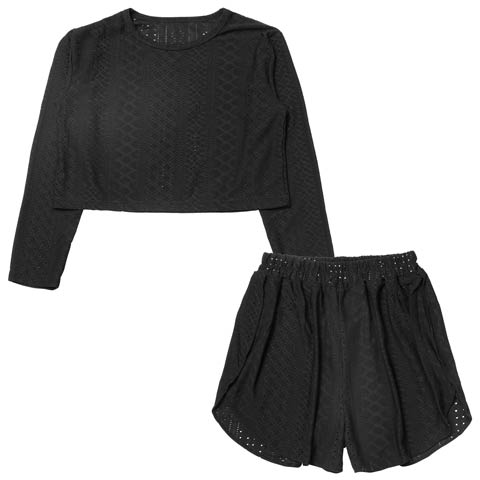9/19新作!ワンカラーケーブルメッシュクロップド丈スウェットトップス&ショートパンツルームウェア(ブラック-フリー)