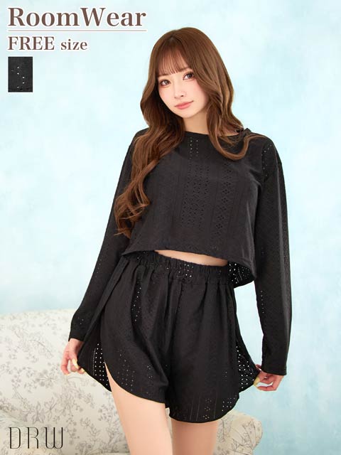 9/19新作!ワンカラーケーブルメッシュクロップド丈スウェットトップス&ショートパンツルームウェア