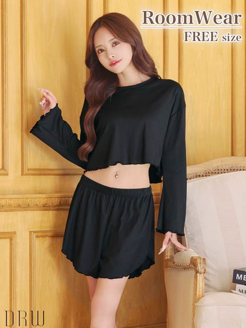 9/22新作!フレアリブクロップド丈トップス&ショートパンツルームウェア