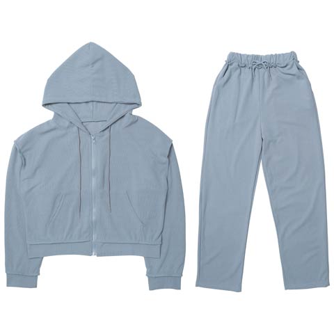 9/22新作!クロップド丈フード付きジッパートップス&ショートパンツルームウェア(ブルー-フリー)