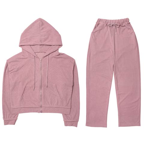 9/22新作!クロップド丈フード付きジッパートップス&ショートパンツルームウェア(ピンク-フリー)