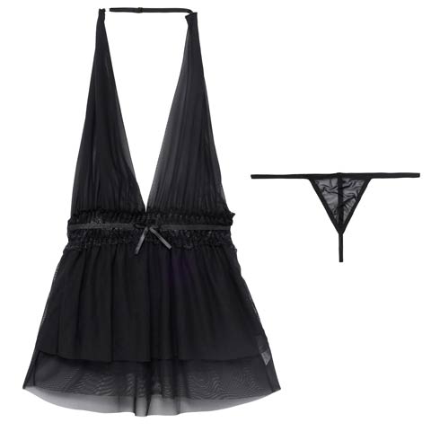 9/26新作!ホルターネックリボンレースベビードール(ブラック-フリー)