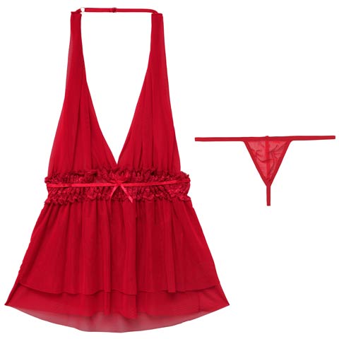 9/26新作!ホルターネックリボンレースベビードール(レッド-フリー)