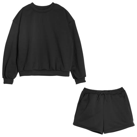 10/8新作!ワンカラー長袖プルオーバー&ショートパンツルームウェア(ブラック-フリー)