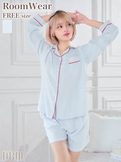 10/20新作!バイカラーパイピングシャツトップス&ショートパンツルームウェア