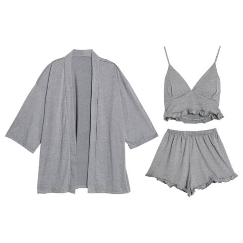 10/17新作!【3点セット】リラックスフリルカーディガン&キャミソール&ショートパンツルームウェア(チャコール-フリー)