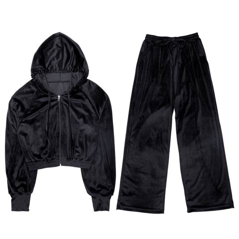 11/5新作!ベロアクロップドパーカー&ロングパンツルームウェア(ブラック-M)