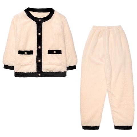 12/3新作!バイカラーパイピングもこもこトップス&ロングパンツルームウェア(アイボリー-フリー)