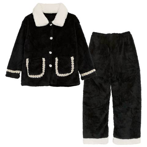 12/8新作!モノトーンもこもこトップス&ロングパンツルームウェア(ブラック-フリー)